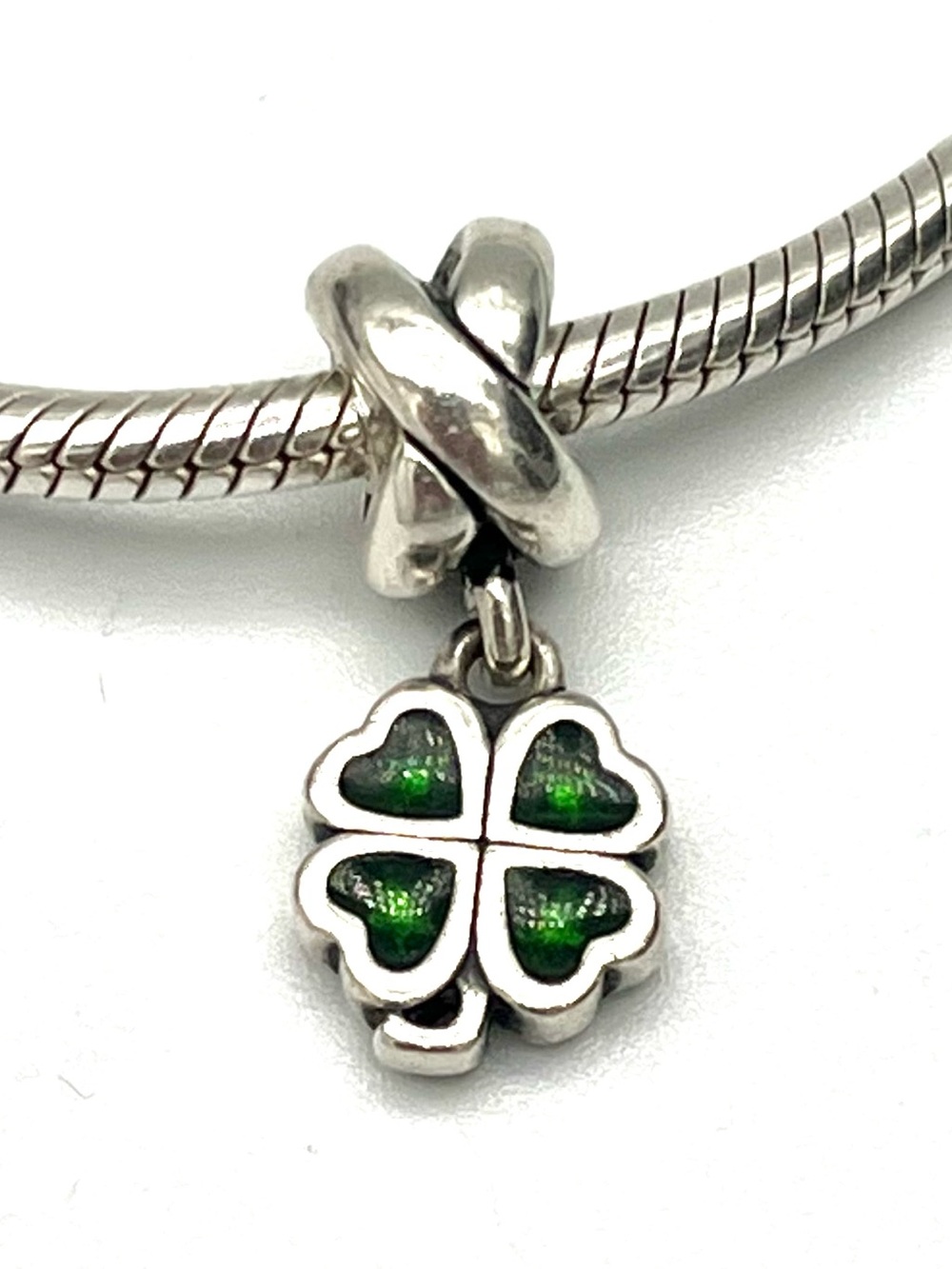 Pandora Silver Four-Leaf Clover Charm with Green Enamel Lucky Shamrock - Picture 3 of 6